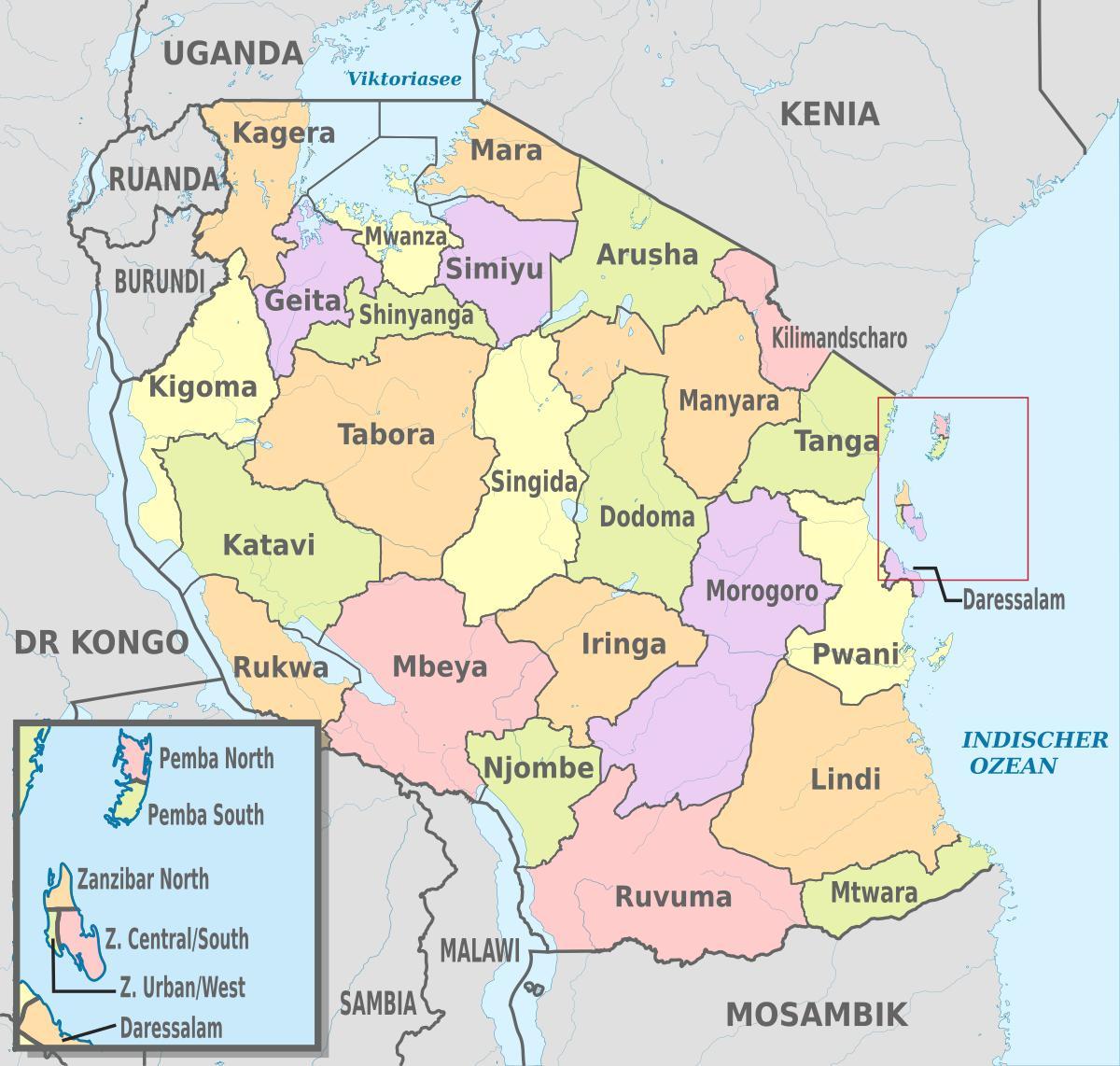 harta tanzania arată regiuni și raioane