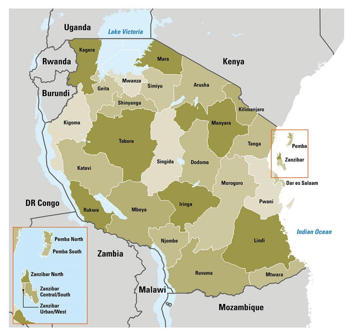 harta tanzania arată regiuni
