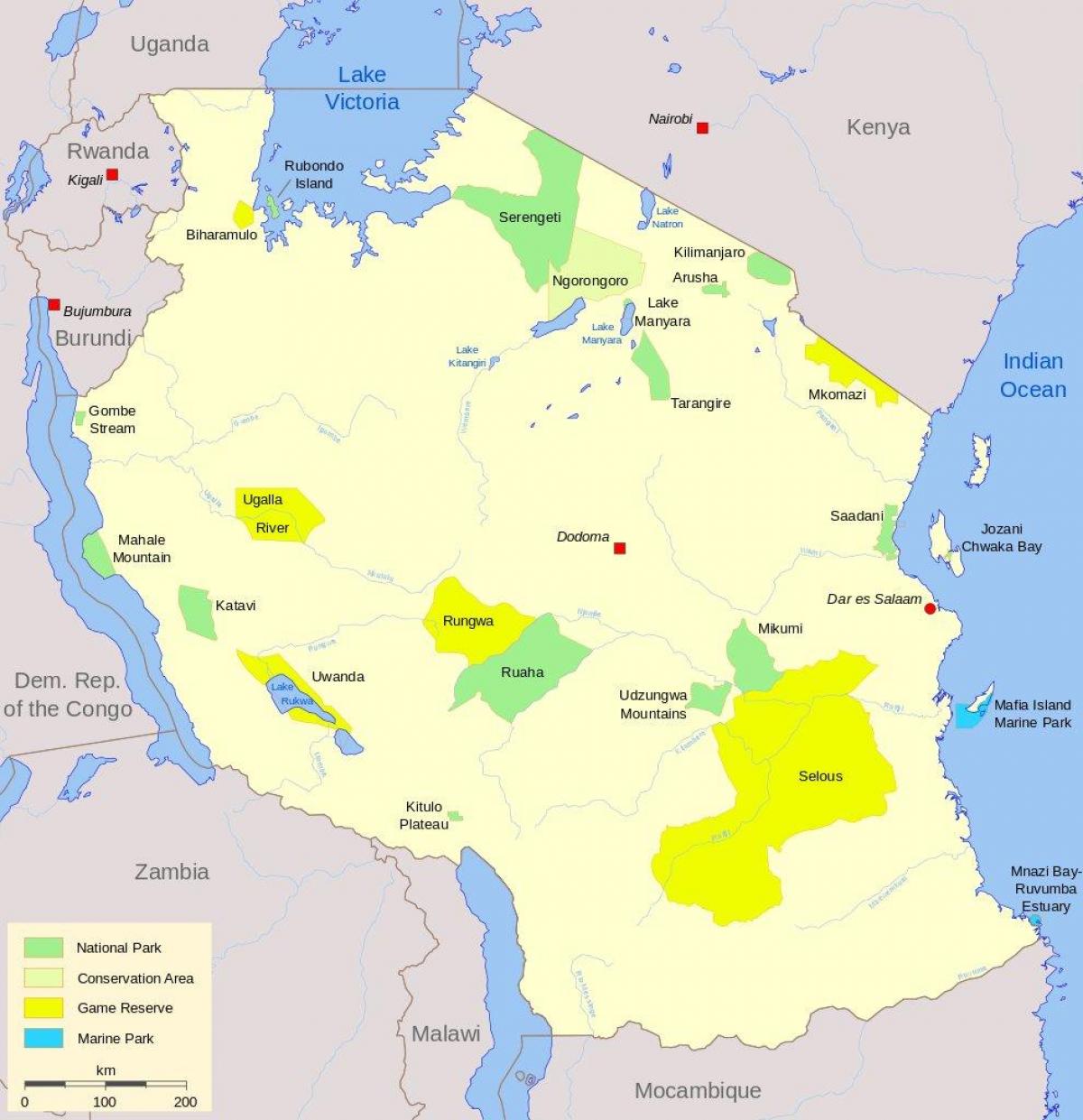 harta tanzania parcuri naționale și rezervații de joc