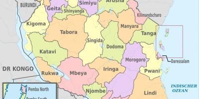 Tanzania harta cu noile regiuni