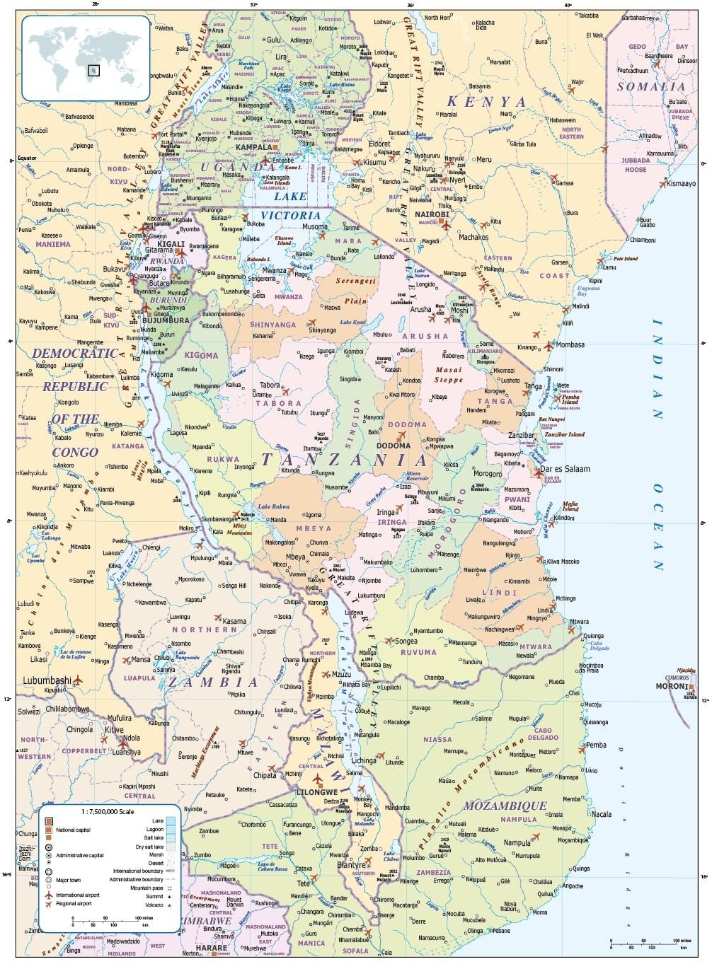 harta tanzania și țările din jur